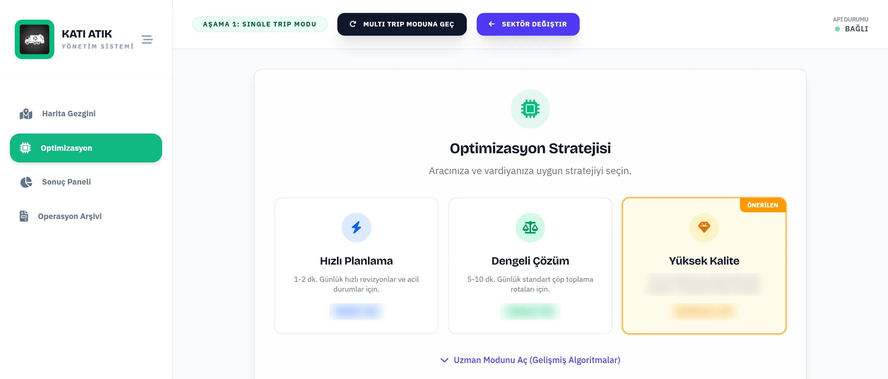 Optimization strategy screen: Fast planning, Balanced solution and High quality options; expert mode link below.